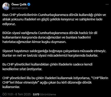 Ömer Çelik'ten Özel'e sert tepki: Cumhurbaşkanımıza hadsiz dil kullananlara hadlerini hatırlatacağız