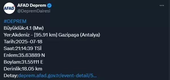 Antalya'da 4.1 büyüklüğünde deprem