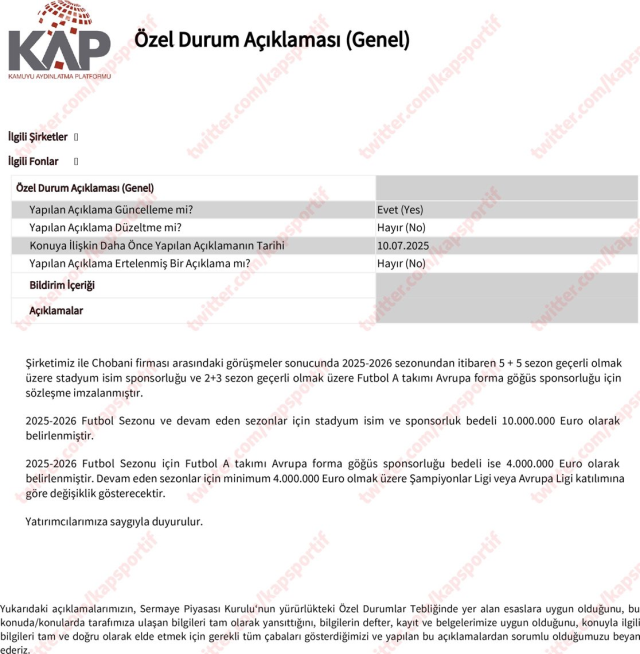 Fenerbahçe stadyum adı için Chobani ile anlaştı