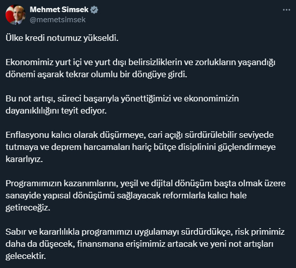 Moody's'in Türkiye kararına Bakan Şimşek'ten ilk yorum: Ekonomimiz tekrar olumlu döngüye girdi