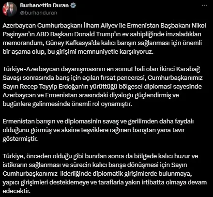 İletişim Başkanı Duran'dan, Azerbaycan ile Ermenistan arasındaki ortak deklarasyona ilişkin açıklama