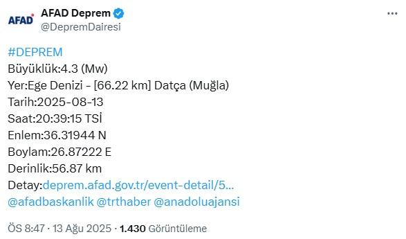 Muğla Datça açıklarında 4.3 büyüklüğünde deprem