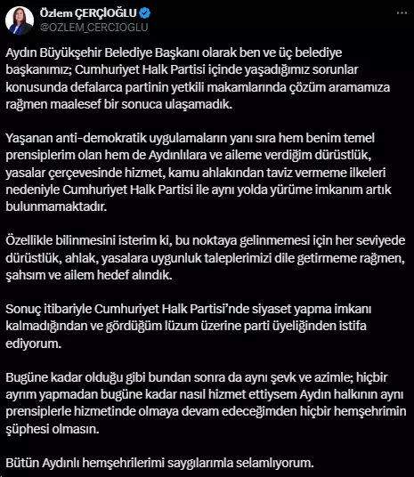 Özlem Çerçioğlu zehir zemberek sözlerle CHP'den istifa etti