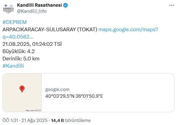 Tokat'ta 4 büyüklüğünde deprem