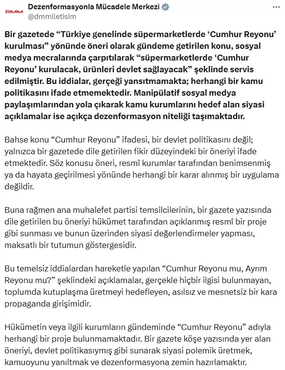 'Zincir marketlerde Cumhur Reyonu kurulacak' iddiasına yalanlama