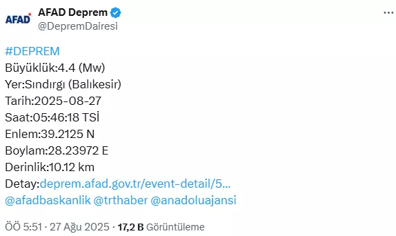 Balıkesir'de 4.4 büyüklüğünde deprem Balıkesir'de 4.4 büyüklüğünde deprem