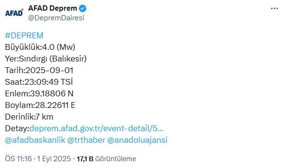Balıkesir Sındırgı'da 4 büyüklüğünde deprem