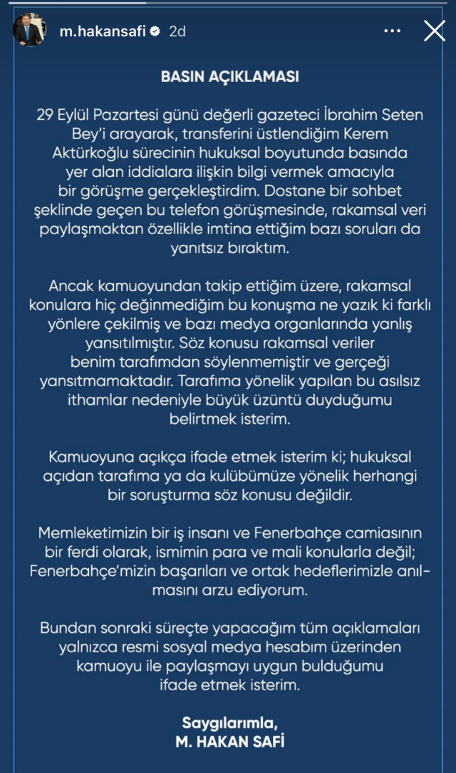 Fenerbahçe eski yöneticisi Hakan Safi'den Kerem Aktürkoğlu açıklaması