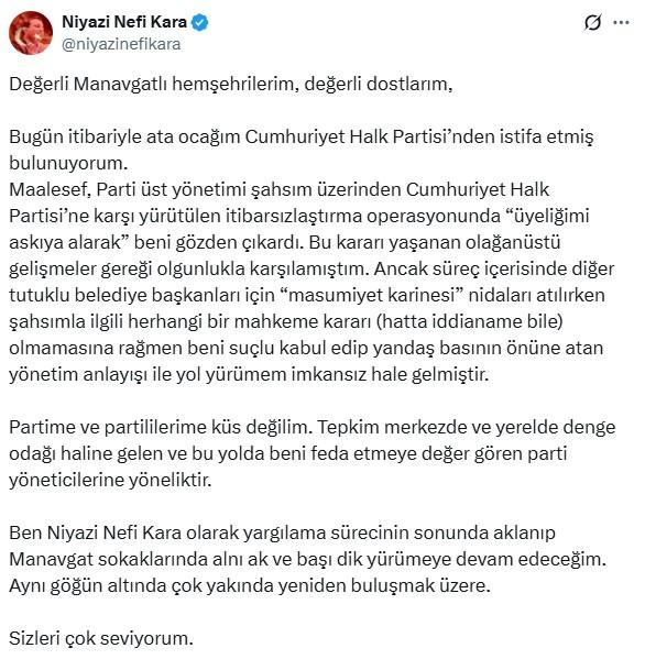Tutuklu Manavgat Belediye Başkanı Niyazi Nefi Kara, CHP'den istifa etti