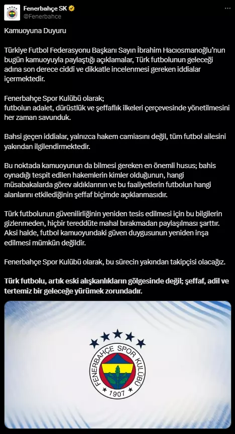 Süper Lig devlerinden bahis skandalı sonrası ilk açıklama Süper Lig devlerinden bahis skandalı sonrası ilk açıklama