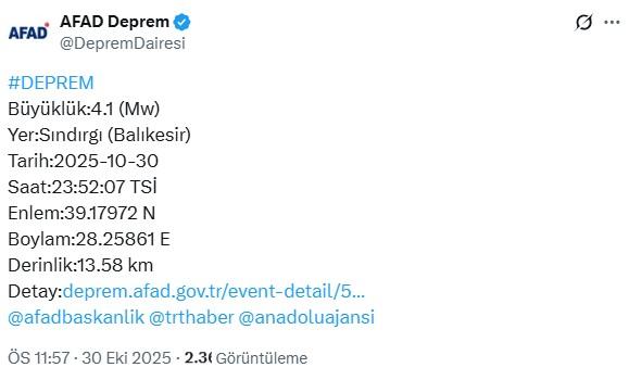 Balıkesir'in Sındırgı ilçesinde 4.1 büyüklüğünde deprem Balıkesir'in Sındırgı ilçesinde 4.1 büyüklüğünde deprem