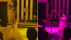 Tartışma yaratan görüntü! Tesettürlü gelin, direk dansı yapan dansçıya eşlik etti