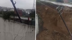 Gölcükte sağanak sonrası istinat duvarı çöktü, elektrik direği yan yattı