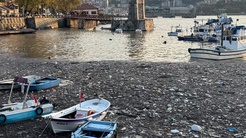 Zonguldakta sağanak sonrası derelerden sürüklenen çöpler limanda birikti