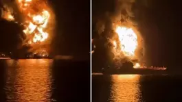 Basra açıklarında vurulan petrol tankeri cayır cayır yandı