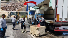 Seyir halindeki tırın dorsesi patladı, 15 ton balık atığı yola saçıldı