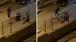İki kadın sokak ortasında aralarına aldığı erkeğe dehşeti yaşattı