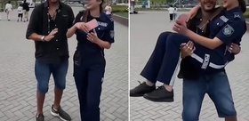 Kadın polisi kucağına alıp döndürdü Tepki çeken görüntülere ağır yaptırım