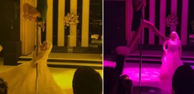 Tartışma yaratan görüntü Tesettürlü gelin, direk dansı yapan dansçıya eşlik etti
