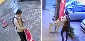Bayrağımıza alçak saldırı: Kopardı, yetmedi üzerine basarak o anları kayda aldı