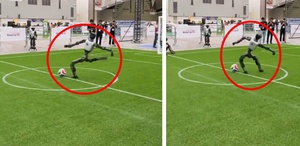 Şut çekmek isteyen robot kendisini sakatladı