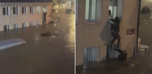 Sarıyer’de sel sularının ortasında kaldı, canını cam pencereye tırmanarak kurtardı