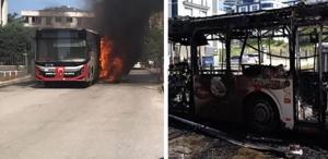 Facianın eşiğinden dönüldü Halk otobüsü alev alev yandı
