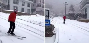 Şehir merkezinde kayak yaptı