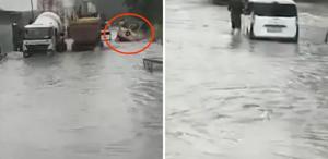Kemerburgaz yolu göle döndü, koca kamyon sulara kapıldı