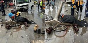 Kazada kamyonun devirdiği beton elektrik direğinin altında kalan bisikletli öldü