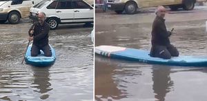 Ceyhan’da sanayi sitesini su bastı, esnaf sörf tahtası ile işe gitti