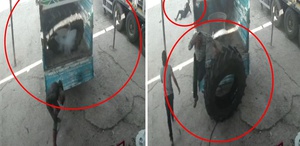 Hava basılan traktör lastiği bomba gibi patladı, işçilere hayatlarının şokunu yaşattı