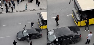 Önce başka otomobile sonra otobüse çarptı, aracının aldığı hasarı görünce sinirlerine hakim olamadı