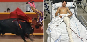 Boğanın hedefi olan genç matador ölümle pençeleşiyor