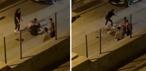 İki kadın sokak ortasında aralarına aldığı erkeğe dehşeti yaşattı