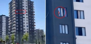 12’nci katta yürekleri ağza getiren anlar Çocuk pencereye çıktı