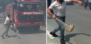Silivri’de yangın ihbarına giden itfaiye ekibine kürek fırlattı
