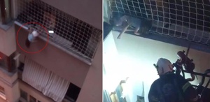 Balkonda asılı kalan çocuğu itfaiye kurtardı