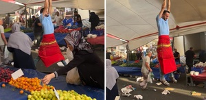 Rüzgar pazarcıyı uçurdu: Metrelerce havaya yükseldi