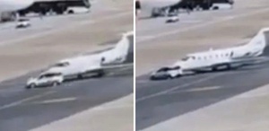 Havalimanında korku dolu anlar: Otomobil pistteki özel uçağa çarptı