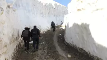 Temmuz ayında insan boyunu aşan kar kütleleri arasında yürüyüş