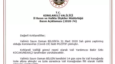 Kırklareli Valisi Osman Bilgin korona virüse yakalandı