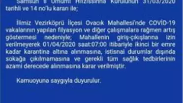 Samsun'da bir kırsal mahalle karantinaya alındı