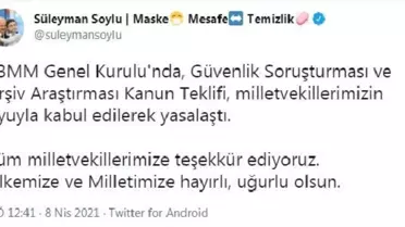 Bakan Soylu: Tüm milletvekillerimize teşekkür ediyorum