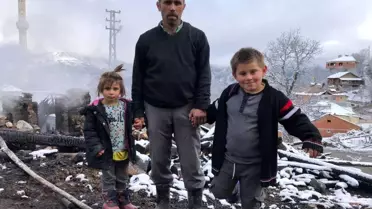 Yangında evleri küle dönen baba iki çocuğuyla ortada kaldı