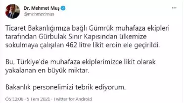 Bakan Muş: Gürbulak Sınır Kapısı'nda 462 litre likit eroin ele geçirildi