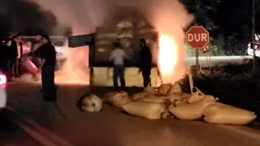 Fındık dolu kamyon alev alev yandı