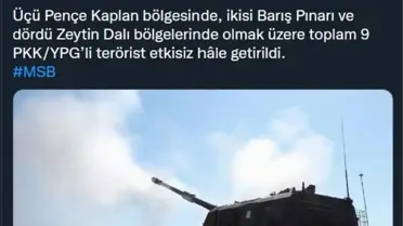 Son dakika haberi: Milli Savunma Bakanlığı, 3'ü Pençe Kaplan, 2'si Barış Pınarı, 4'ü Zeytin Dalı bölgelerinde olmak üzere toplam 9 PKK/YPG'li teröristin etkisiz hale...