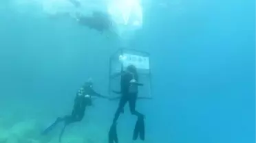 Kaş'ta, su altına atık konteyneri indirildi