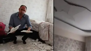 1 sene önce taşındıkları sıfır evin tavanı başlarına çöktü! O anların saniye saniye kayda aldılar